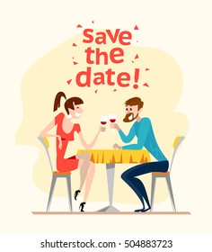 Vector dating couple flat illustration. Cartoon style. Funny cute people at cafe table. Boy and girl in love sitting at the table on a date in restaurant. Save the date illustration. Valentine day.