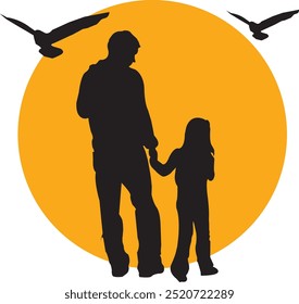 Filha vetora e seu pai ao pôr do sol
