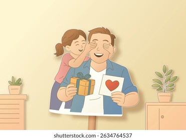 Vector of daughter surprising dad with a gift and heart card. Paper cut style adds depth and warmth to this loving Father's Day moment.