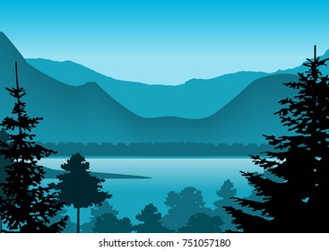 vector day in beautiful mountains with lake