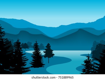 vector day in beautiful mountains with lake