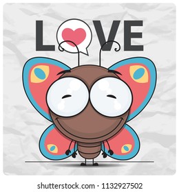 Vector Valentine´s day card with cartoon butterfly character.