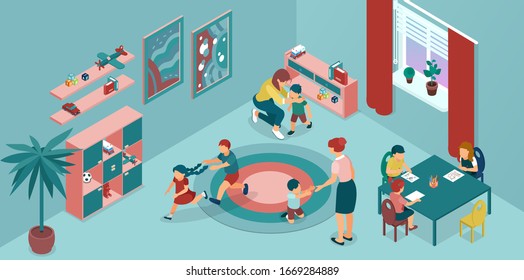 Vector of a day care center, kindergarten with teachers and children playing and painting 