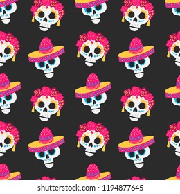 Vector Day of the dead (Dia de los muertos) mexico  pattern with sculls on dark background. Perfect for wallpaper, gift paper, holiday decorations, mexican party