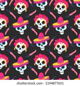 Vector Day of the dead (Dia de los muertos) pattern with pappers and sculls on dark background. Perfect for wallpaper, gift paper, holiday decorations, mexican party