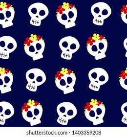 Vector Day of the dead (Dia de los muertos) mexico pattern with sculls on dark background. Perfect for wallpaper, gift paper, holiday decorations, mexican party 