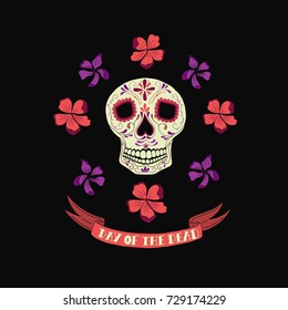 Vector Day of the dead  illustration with skull,flower, ribbon and hand lettering. 