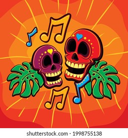 Vector day of the dead mexican skull with music notes colorful