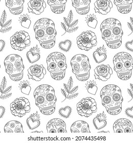 Vector Day of the Dead seamless pattern. Black outline graphics, floral and skull monochrome ornament.