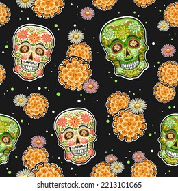 Vector Day of the Dead patrón sin fisuras, cuadrado de fondo repitiendo con un conjunto de ilustraciones cortadas de varios cráneos coloridos y flores anaranjadas sobre fondo oscuro, papel envolvente para el día de la muerte