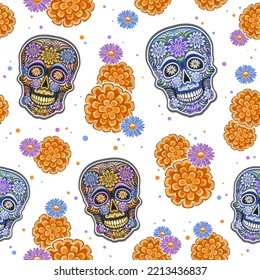 Vektor Day of the Dead nahtlose Muster, quadratischer, sich wiederholender Hintergrund mit ausgeschnittenen Illustrationen von verschiedenen bunten Schädel und orangefarbenen Blumen auf weißem Hintergrund, Packpapier für den Tag der Toten