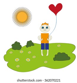 Vector Valentineâ??s Day greeting card on a transparent background including a boy who stands with balloon in the shape of heart on the grass and the sun shining