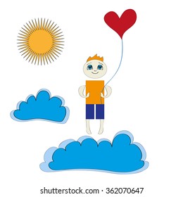 Vector Valentineâ??s Day greeting card on a transparent background including a boy who stands with balloon in the shape of heart on the clouds and the sun shining