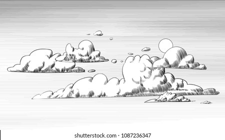 Vector day landscape sky clouds. Sunset. Engraving style. Background design