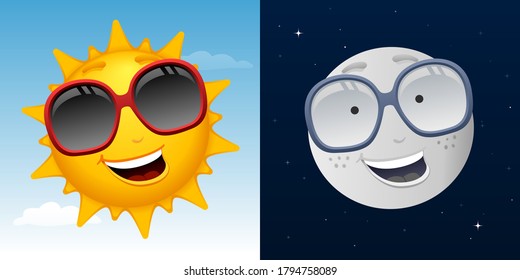 Vector day and night with cartoon sun and moon.