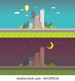 vector day and night city skyline flat modern style illustration. vector city icon set collection