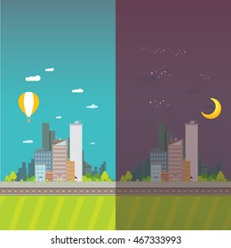 vector day and night city skyline flat modern style illustration. vector city icon set collection
