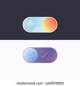 Vector Day and Night mode signs with sun and moon colorful illustrations. Gradient Light and Dark mode buttons for mobile app UI. Interface concept. EPS 10