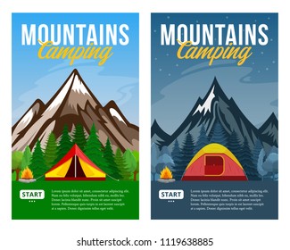 Vector day and night mountains camping vertical banners. Wild nature landscapes with tourist tents, green meadow, mountain, campfire and trees.