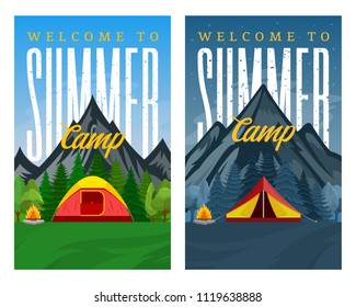 Vector day and night mountains summer camp vertical banners. Wild nature landscapes with tourist tents, green meadow, mountain, campfire and trees.
