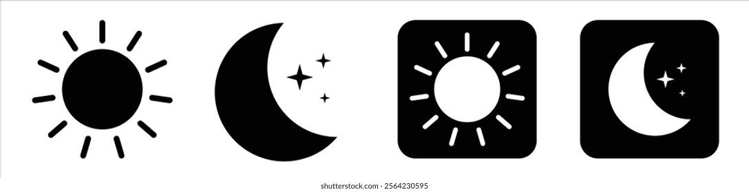 Vector day and night switch icons featuring sun and moon designs for light and dark mode. Minimal UI elements for mobile app interface, gadget applications, and brightness control concepts.