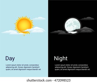 Vector day and night vector time concept background with sun and moon icons