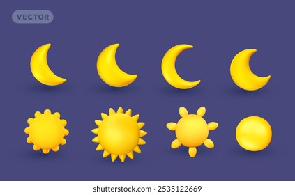 Vector day and night weather illustration of set of different shine yellow color sun with sunbeam and crescent moon on dark background. 3d cartoon style design of sun with beam and half moon