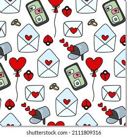 Vector Valentine’s Day pattern design with rings, letters, balloons, phones. Cute doodle design for print.