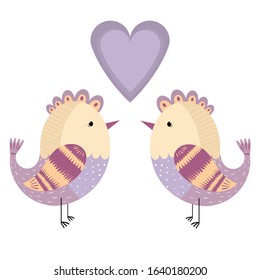 Vector Valentine’s Day postcard with birds and heart. Cute birds. Vector cartoon illustration. Hand drawn. T-shirt print design. Baby shower card
