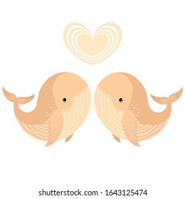 Vector Valentine’s Day postcard with whales and heart. Cute birds. Vector cartoon illustration. Hand drawn. T-shirt print design. Baby shower card