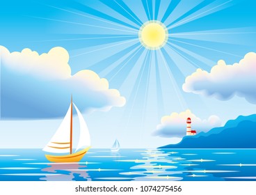 Vector day seascape with sailboat and lighthouse. EPS10