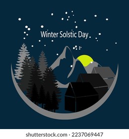 vector Day of the winter solstice on December 21. Greeting card design template. Dark sky with sunset or sunrise. The longest night of the year