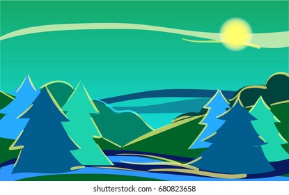 Vector daybreak landscape, nature scenery banner, Christmas or new year illustration. Hand painted blue, green, blue sky twilight forest at night. Outdoor, adventure, travel, holidays panorama design.