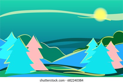 Vector daybreak landscape, nature scenery banner. Hand painted blue, green, blue sky twilight forest at night. Christmas or new year illustration. Outdoor, adventure, travel, holidays panorama design.