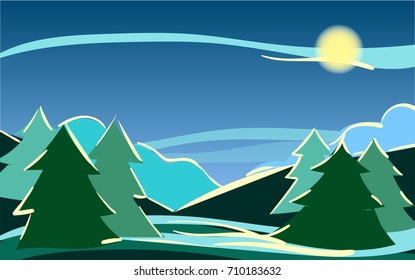 Vector daybreak landscape, nature scenery banner. Hand painted sky twilight night forest. Christmas or new year illustration. Outdoor, adventure, travel, holidays panorama design. Wide view, horizon.