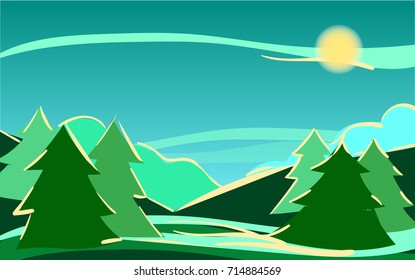 Vector daybreak landscape, nature scenery banner. Hand painted sky twilight night forest. Christmas or new year illustration. Outdoor, adventure, travel, holidays panorama design. Wide view, horizon.
