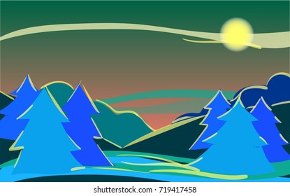 Vector daybreak landscape, nature scenery banner. Hand painted sky twilight night forest. Christmas or new year illustration. Outdoor, adventure, travel, holidays panorama design. Wide view, horizon.