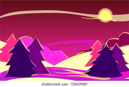 Vector daybreak landscape, nature scenery banner. Hand painted sky twilight night forest. Christmas or new year illustration. Outdoor, adventure, travel, holidays panorama design. Wide view, horizon.