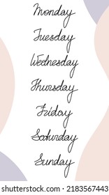 Vector days of the week handwritten lettering illustration. One line continuous text with shapes. Week calendar design for print, banner, poster, card, checklist.