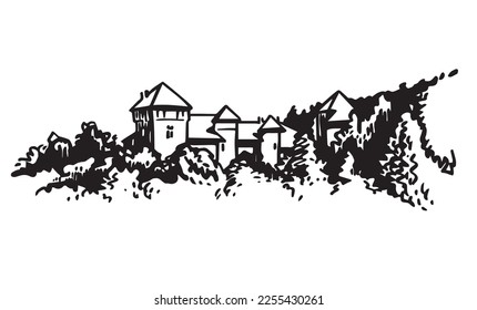 Vector de Thorens castle isolated on white background, graphical illustration, medieval architecture of France