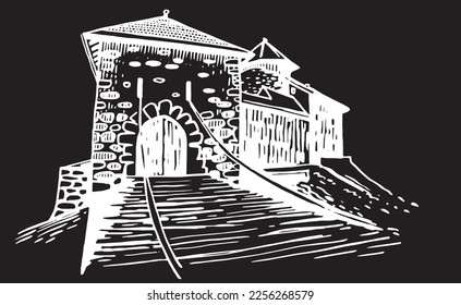 Vector de Thorens castle isolated on black background, graphical engraved illustration, medieval architecture of France