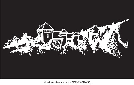 Vector de Thorens castle isolated on black background, graphical engraved illustration, medieval architecture of France