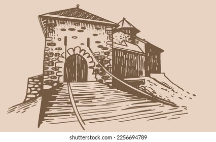 Vector de Thorens castle on sepia background, graphical illustration, medieval architecture of France