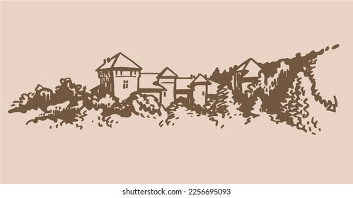 Vector de Thorens castle on sepia background, graphical illustration, medieval architecture of France