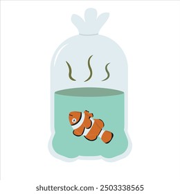 vector dead clown fish in a plastic bag filled with water. flat design vector illustration.
