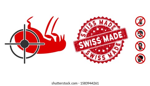 Vector dead flea icon and rubber round stamp seal with Swiss Made phrase. Flat dead flea icon is isolated on a white background. Swiss Made stamp seal uses red color and rubber surface.