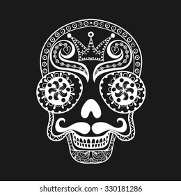 Vector  Dead Skull illustration, Hand drawn Skull in zentangle style, tribal totem for tattoo, adult Coloring Pagewith high details isolated on black background.