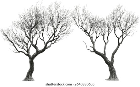 Vector dead trees, leafless branches cutout, dry twigs, silhouette tree shapes, isolated elements, bare tree limbs, transparent background, nature design, winter barren trees