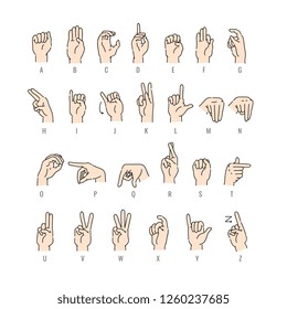 Vector deaf-mute alphabet with hand gestures set. Hand drawn mute language, communication for disabled people. Finger, palm and fist signs collection. Isolated illustration