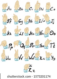 Vector deaf-mute alphabet with hand gestures set. Hand drawn mute language, communication for disabled people. Finger, palm and fist signs collection. Isolated illustration